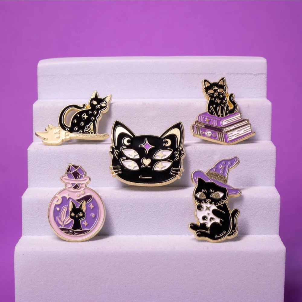 Mystical Cat Enamel Pin Set - Black and Purple